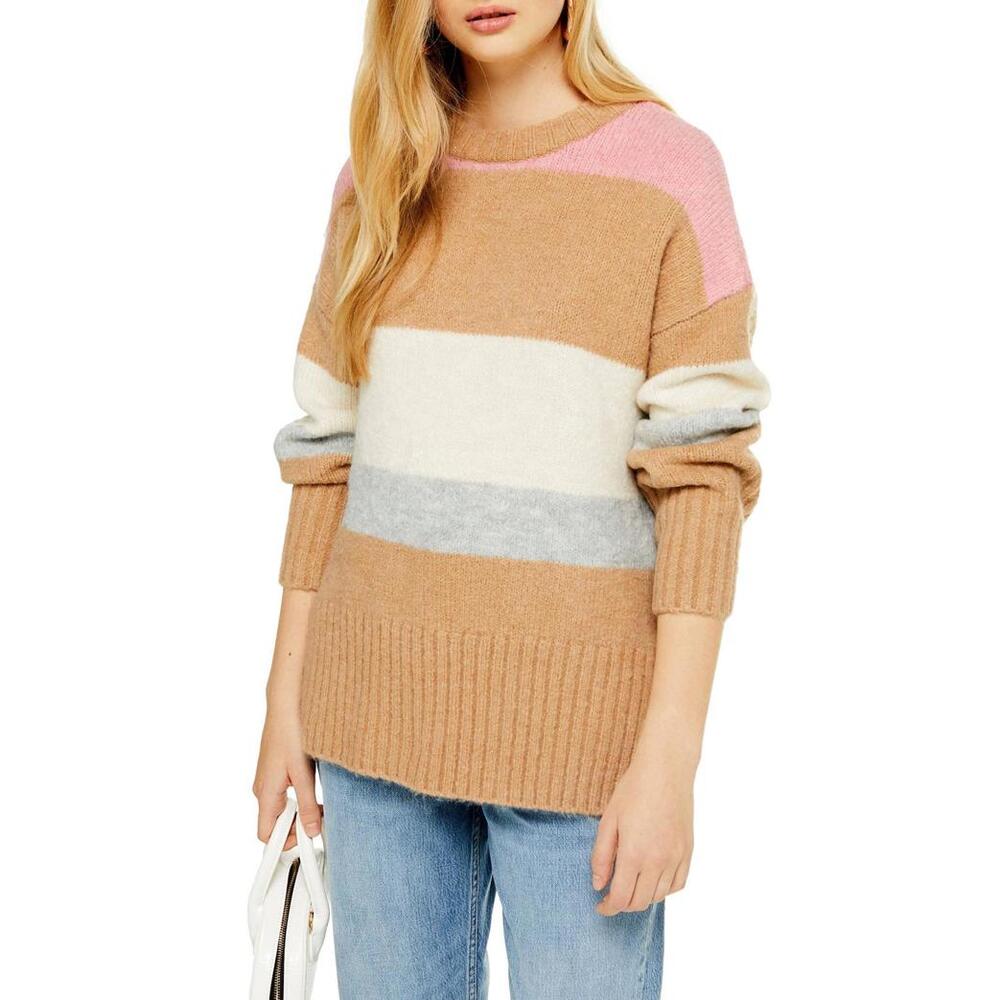 Topshop Supersoft Brown Stripe Fuzzy Brushed Knit Crewneck Sweater- Size 14 - Picture 2 of 9